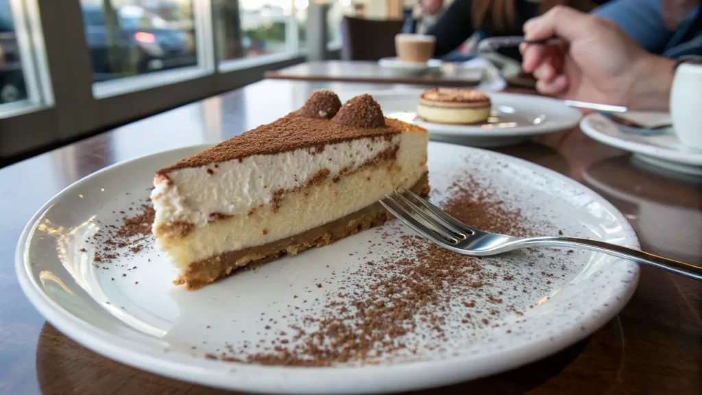 Plated slice of tiramisu cheesecake served with a dessert fork on a kitchen table