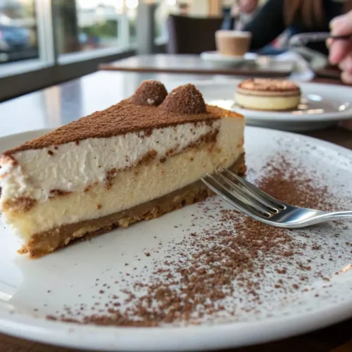 Plated slice of tiramisu cheesecake served with a dessert fork on a kitchen table