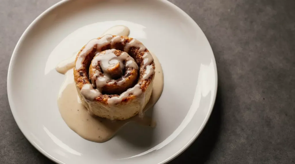 Single espresso cinnamon roll plated to show spiral layers