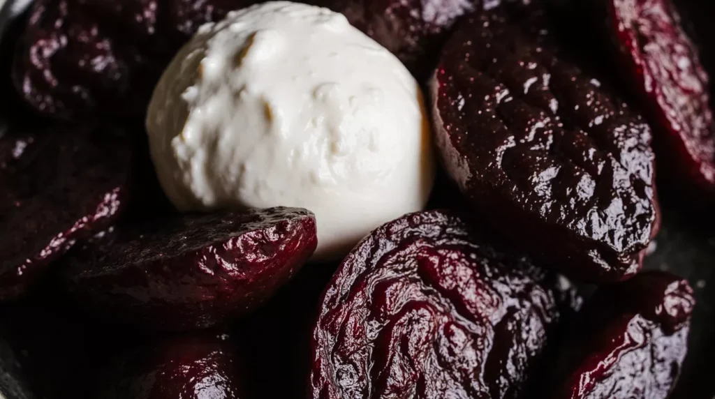Close-up of roasted beets and burrata cheese showing texture contrast