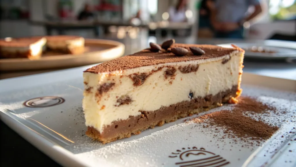 Close-up of tiramisu cheesecake showing creamy interior, cocoa layer, and coffee base