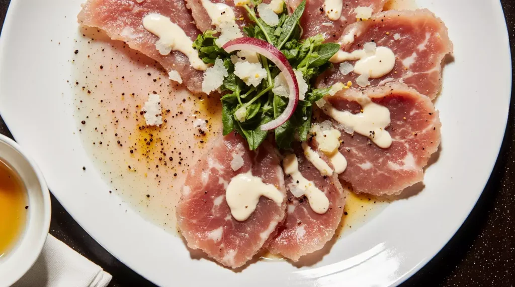 Top view of wagyu beef carpaccio arranged evenly on a plate