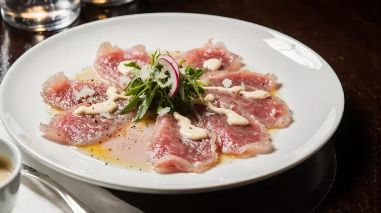 Thinly sliced wagyu carpaccio arranged on a chilled plate with olive oil and salt