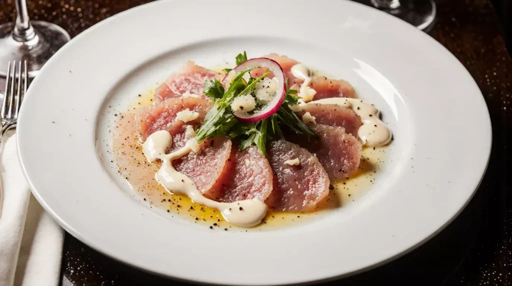 Side view of wagyu carpaccio served on a chilled plate