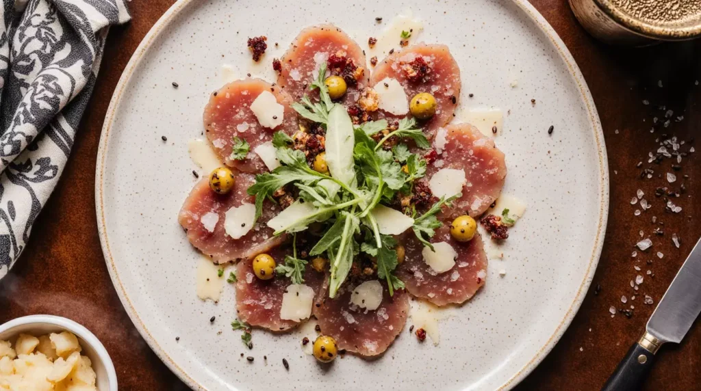 Wagyu carpaccio finished with flaky salt and light garnish