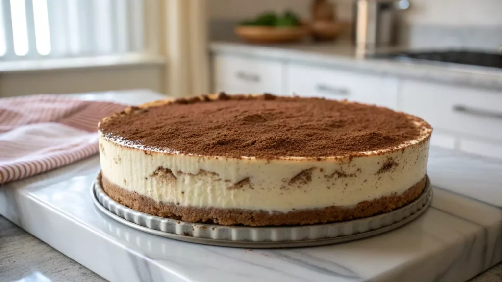 Whole no-bake tiramisu cheesecake with cocoa topping in a springform pan