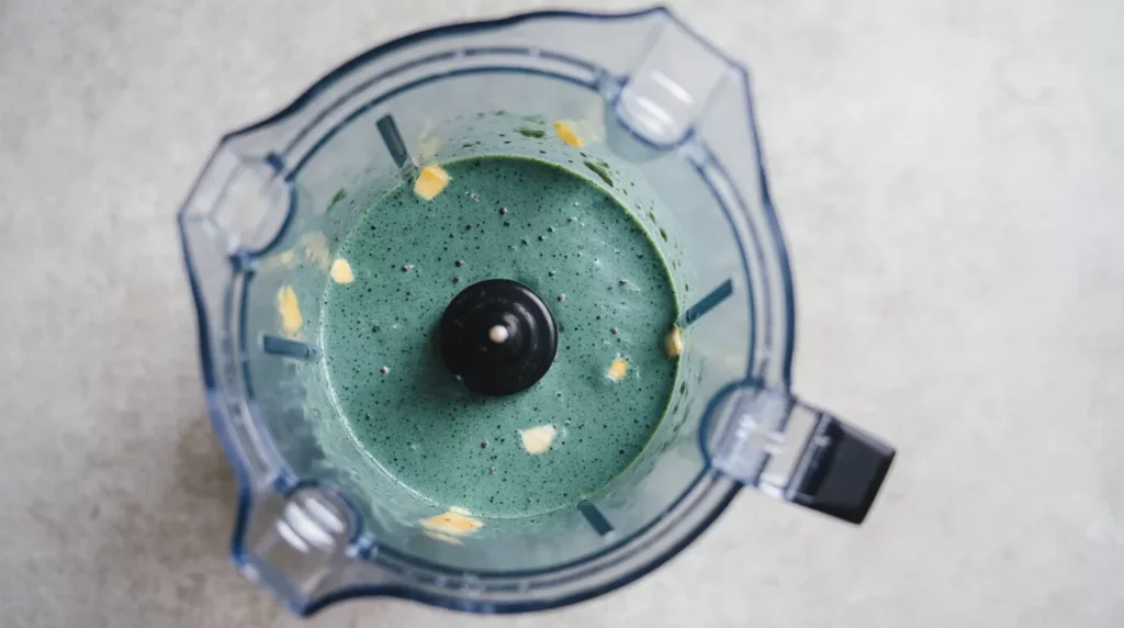 Blending a spirulina smoothie blue in color with mango and banana in a transparent blender