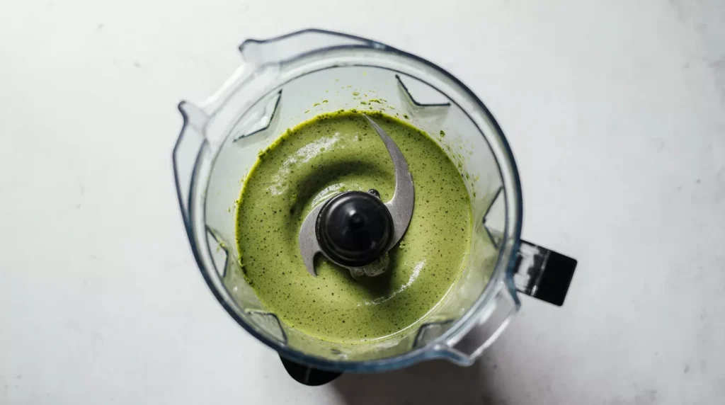Matcha protein smoothie blending in a clear blender jar