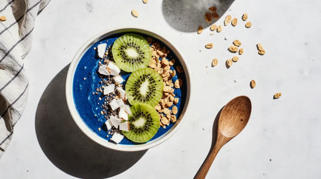 Thick blue spirulina smoothie bowl topped with kiwi, coconut flakes, and chia seeds in a simple kitchen setting