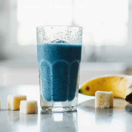 Creamy blue spirulina smoothie in a clear glass with mango and banana on a bright kitchen counter