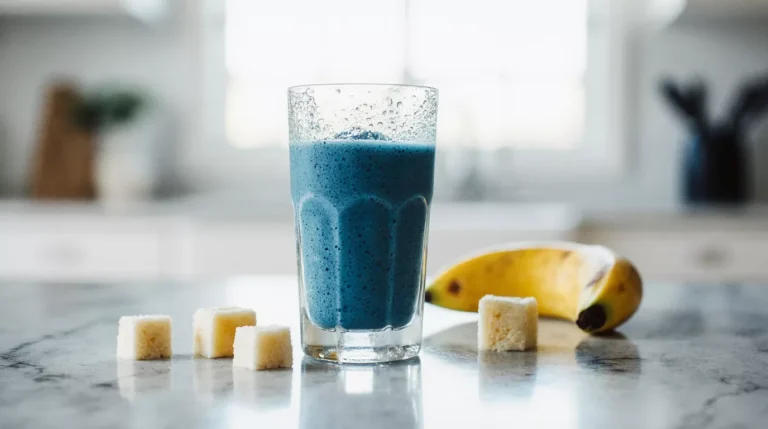 Creamy blue spirulina smoothie in a clear glass with mango and banana on a bright kitchen counter