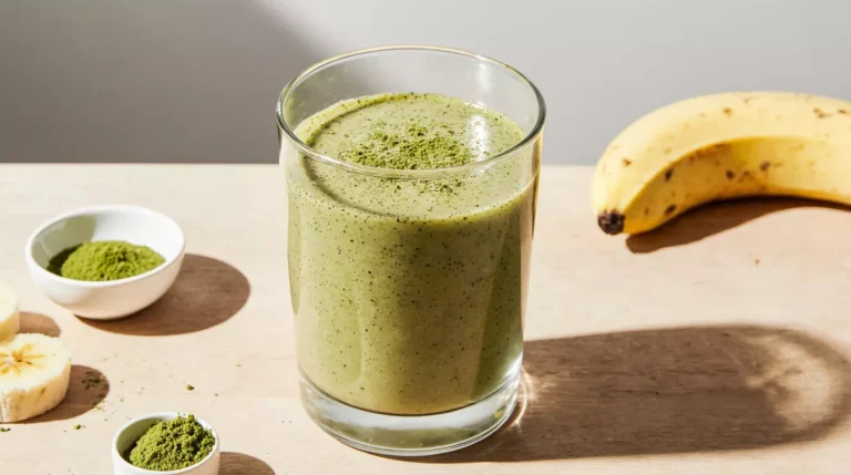 Creamy matcha protein smoothie in a glass with banana and matcha powder on a kitchen counter