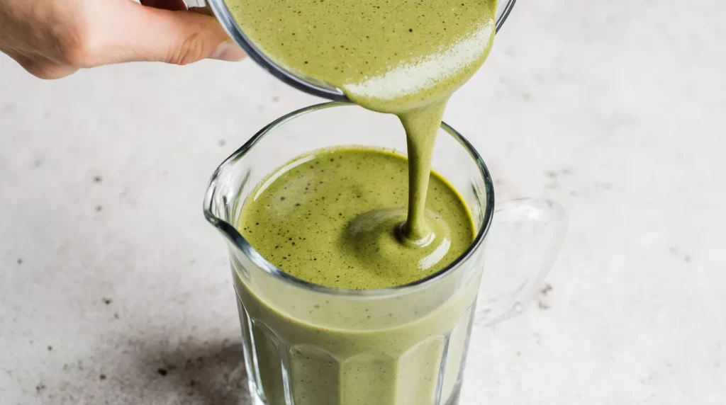 Pouring thick matcha protein smoothie into a glass