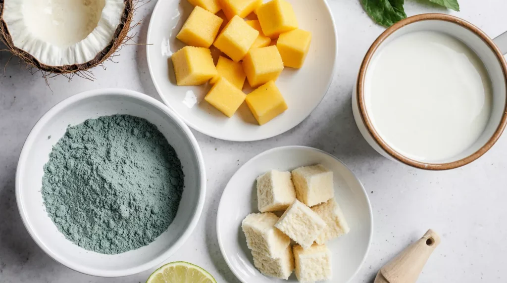 Ingredients for a blue spirulina smoothie including spirulina powder, frozen mango, banana, coconut milk, and lime