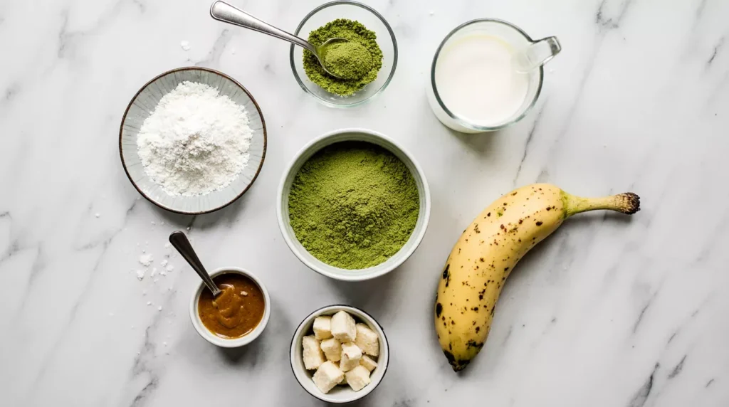 Ingredients for matcha protein smoothie including matcha powder, banana, almond milk, and protein powder