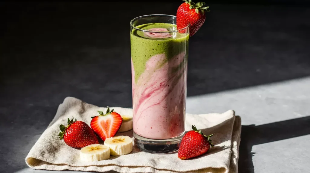Strawberry matcha protein smoothie with fresh strawberries